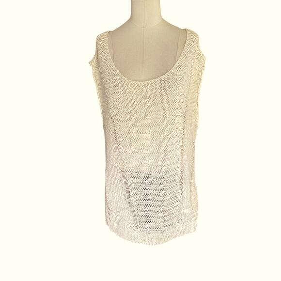 Helmut Lang Ivory Destroyed Artisanal Hollow Knit Linen Cap Sleeve Sweater - Picture 2 of 13